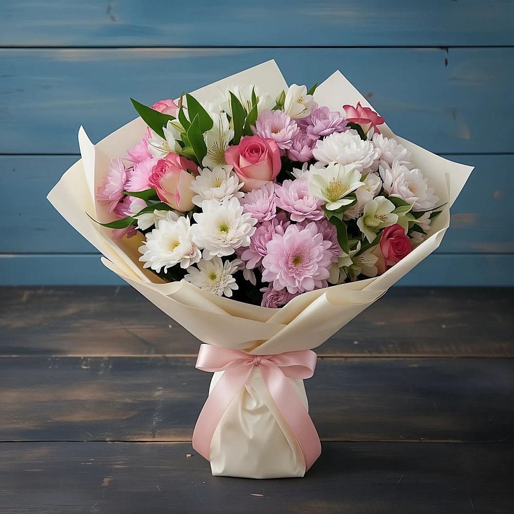 Букет цветов из: Хризантемы, Альстромерии и Розы в Гвазде